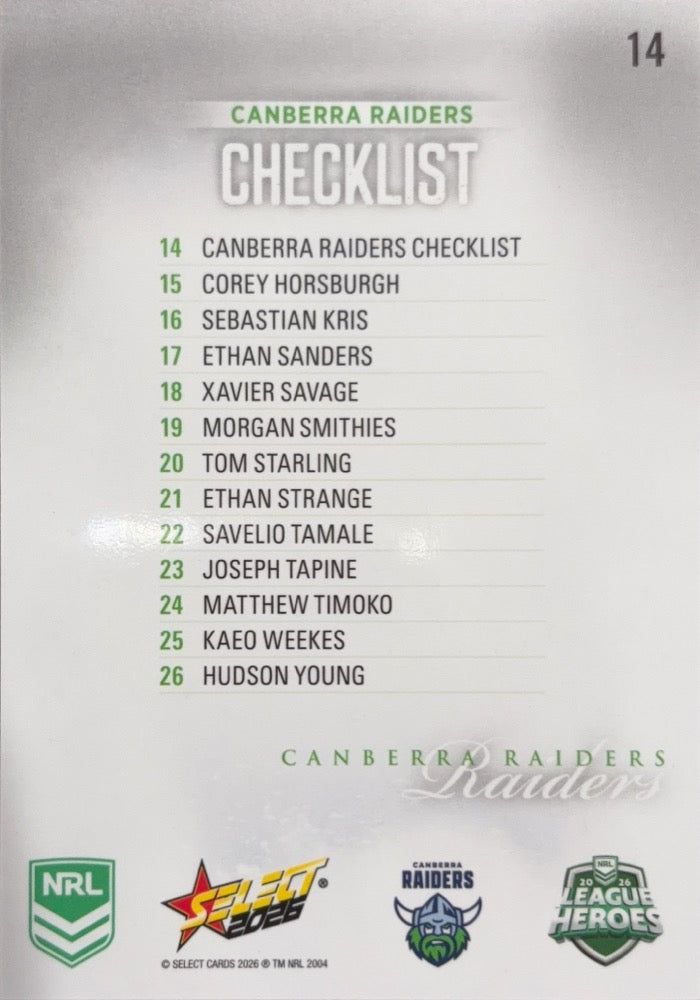 Canberra Raiders Checklist #14 | 2026 Select NRL League Heroes Silver (back)