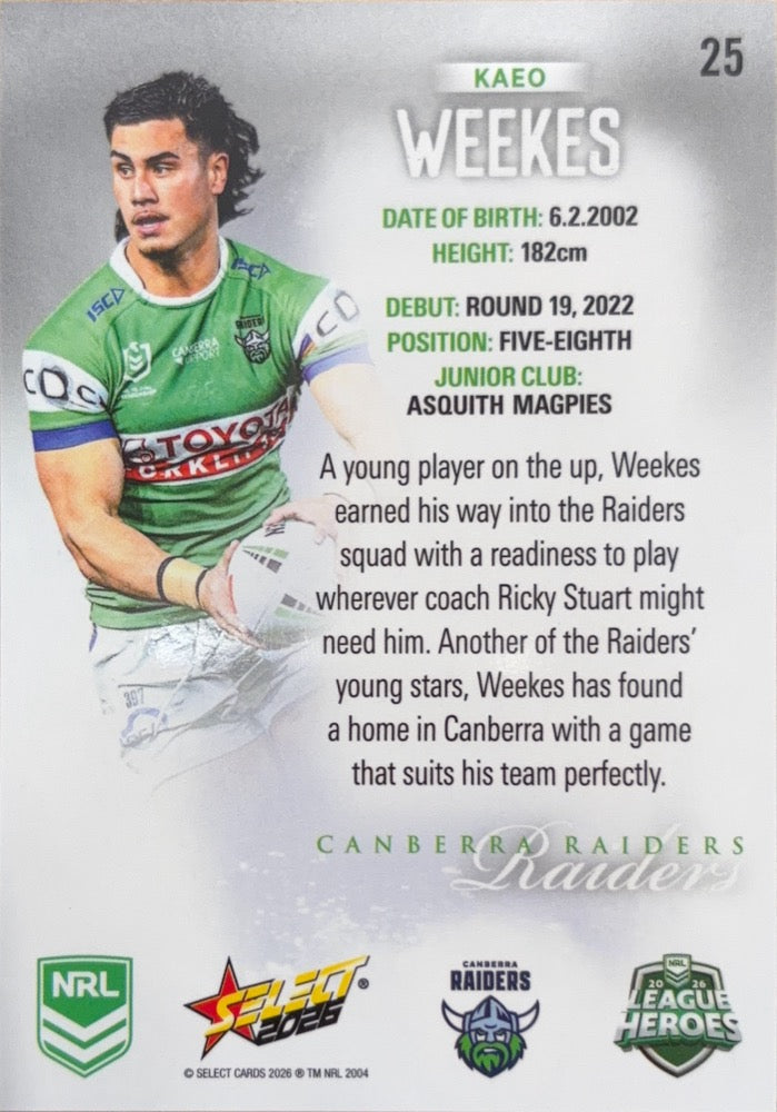 Kaeo Weekes #25 Canberra Raiders | 2026 Select NRL League Heroes Silver (back)