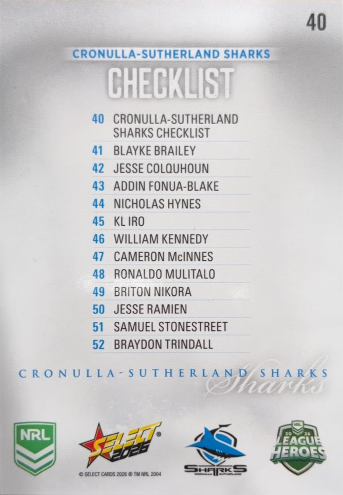 Cronulla-Sutherland Sharks Checklist #40 | 2026 Select NRL League Heroes Silver (back)