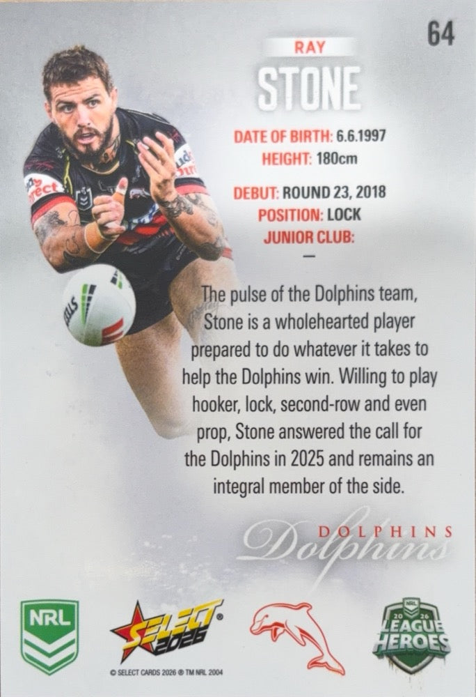 Ray Stone #64 Dolphins | 2026 Select NRL League Heroes Silver (back)