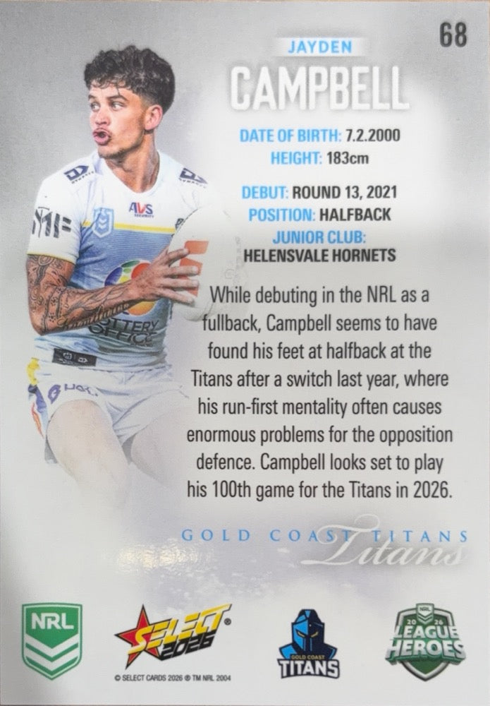 Jayden Campbell #68 Gold Coast Titans | 2026 Select NRL League Heroes Silver (back)
