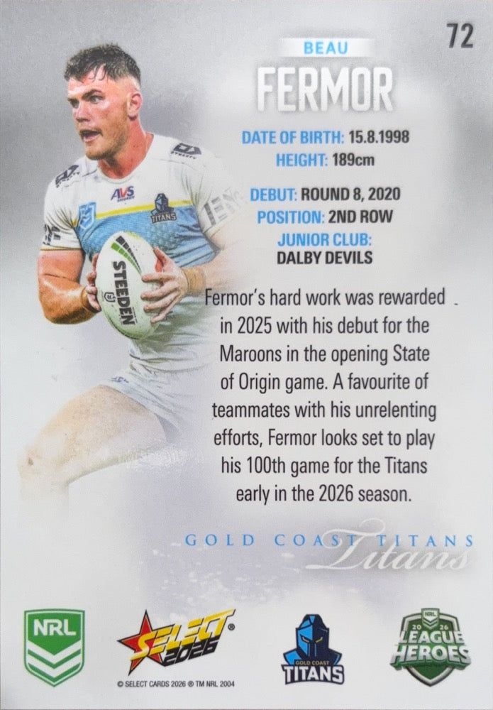 Beau Fermor #72 Gold Coast Titans | 2026 Select NRL League Heroes Silver (back)
