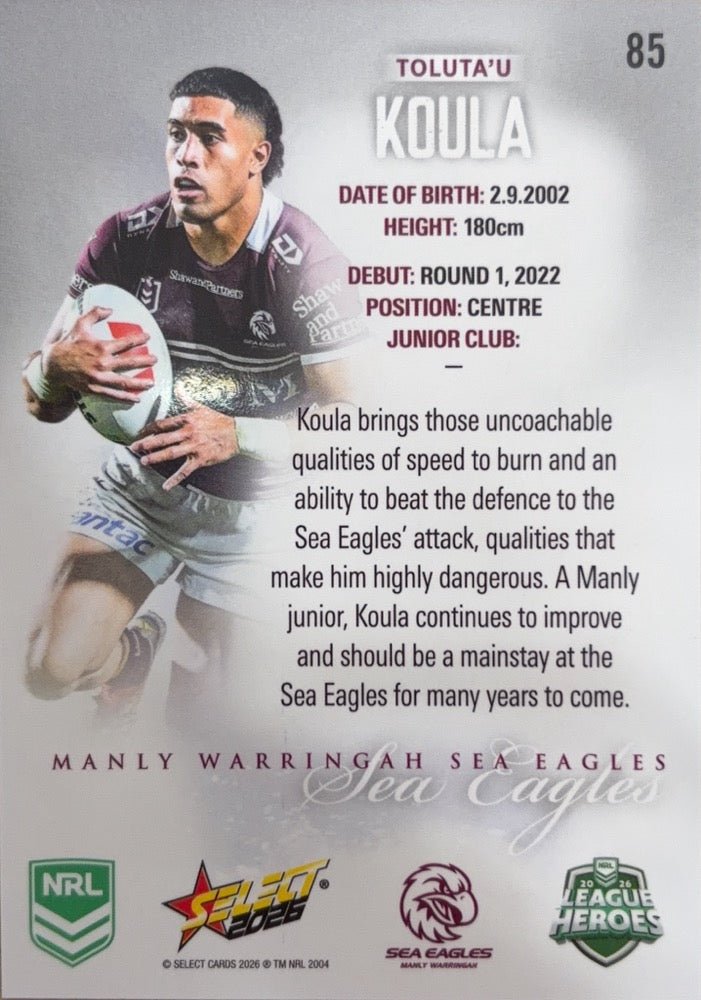 Tolutau Koula #85 | 2026 Select NRL League Heroes Silver (back)