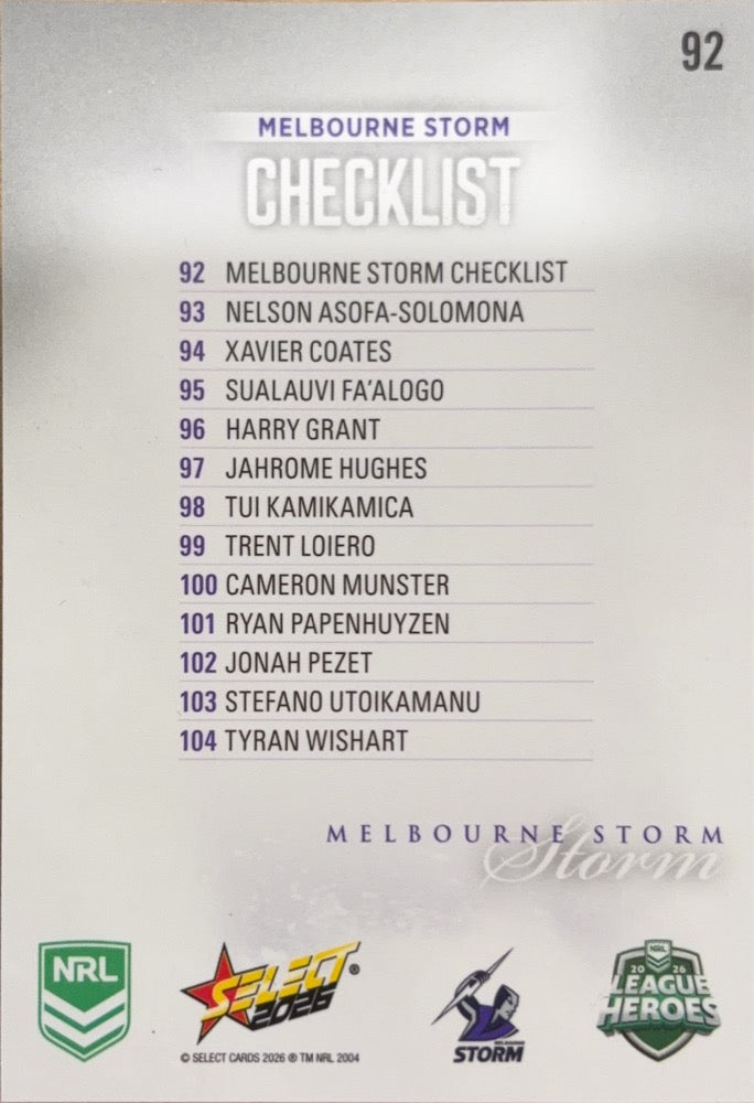 Melbourne Storm Checklist #92 | 2026 Select NRL League Heroes Silver (back)