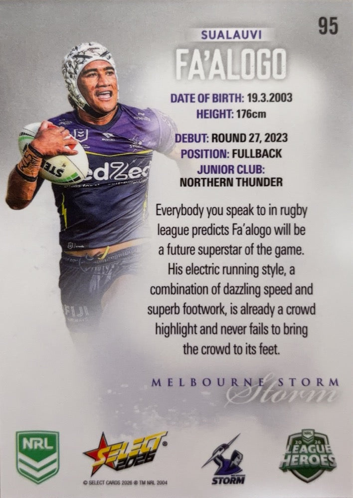 Sualauvi Fa'alogo #95 Melbourne Storm | 2026 Select NRL League Heroes Silver (back)