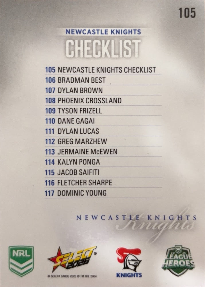 Newcastle Knights Checklist #105 | 2026 Select NRL League Heroes Silver (back)