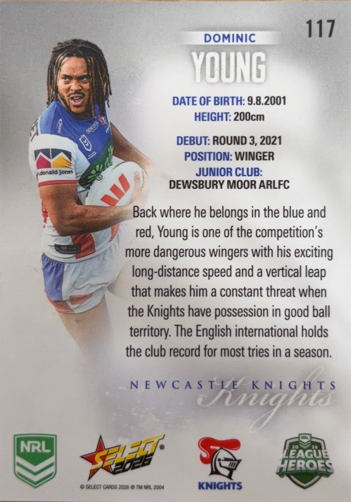 Dominic Young #117 Newcastle Knights | 2026 Select NRL League Heroes Silver (back)