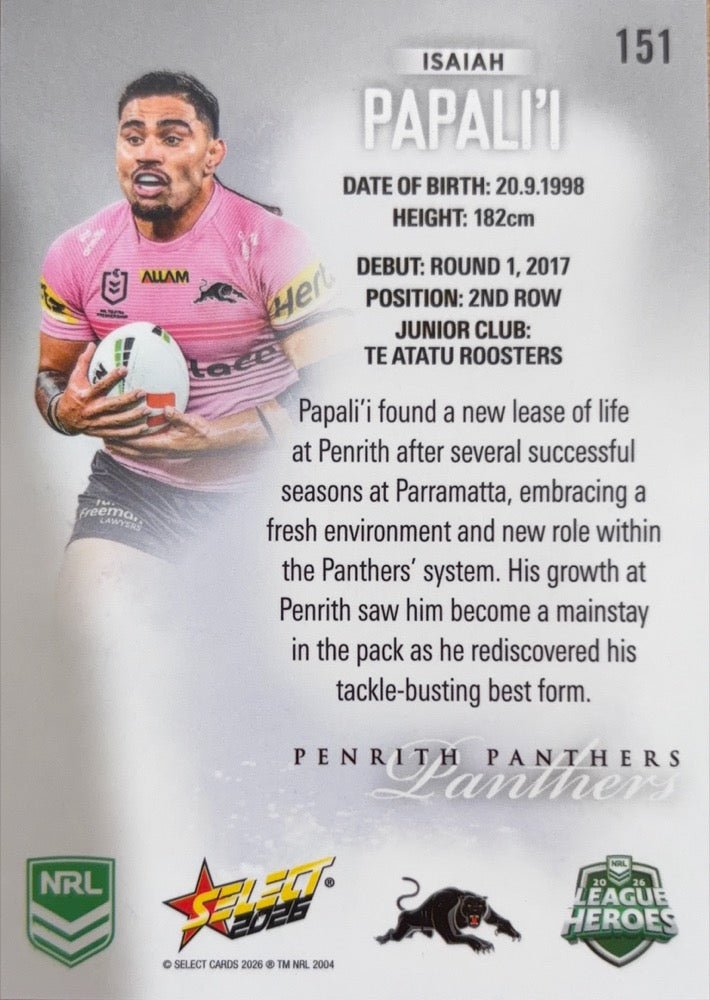 Isaiah Papali'i #151 Penrith Panthers | 2026 Select NRL League Heroes Silver (back)