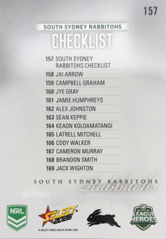 South Sydney Rabbitohs Checklist #157 | 2026 Select NRL League Heroes Silver (back)