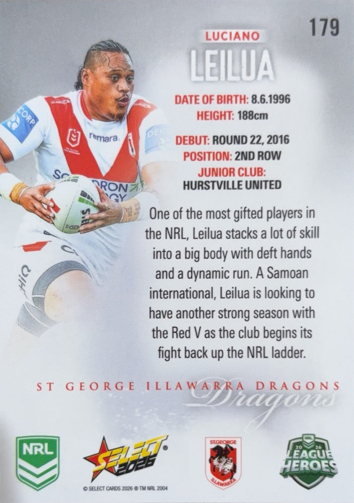 Luciano Leilua #179 | 2026 Select NRL League Heroes Silver (back)