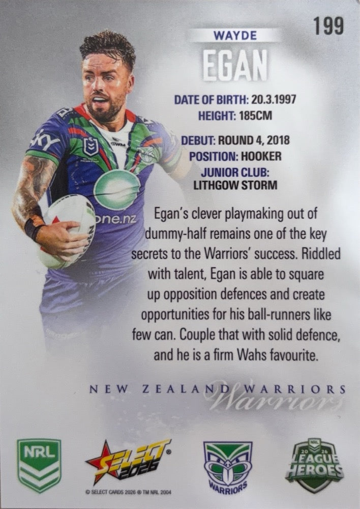 Wayde Egan #199 New Zealand Warriors | 2026 Select NRL League Heroes Silver (back)