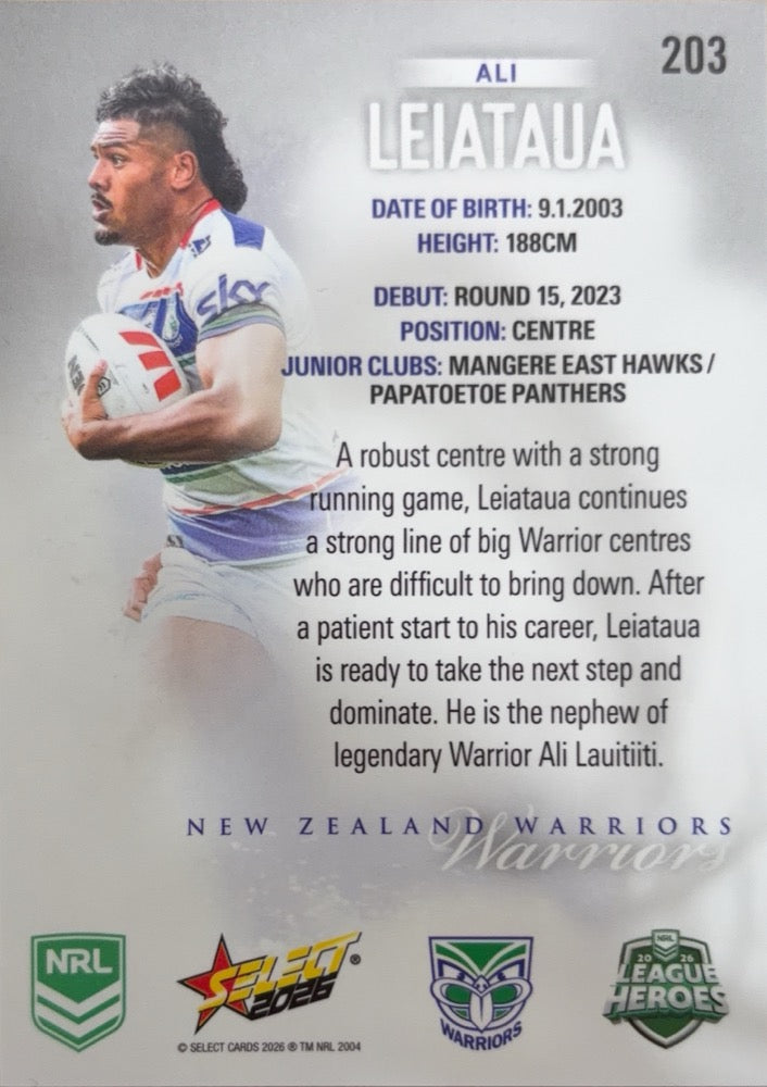 Ali Leiataua #203 New Zealand Warriors | 2026 Select NRL League Heroes Silver (back)