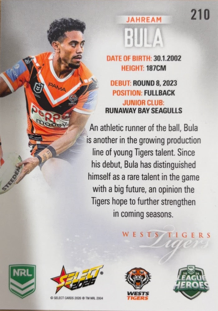 Jahream Bula #210 Wests Tigers | 2026 Select NRL League Heroes Silver (back)