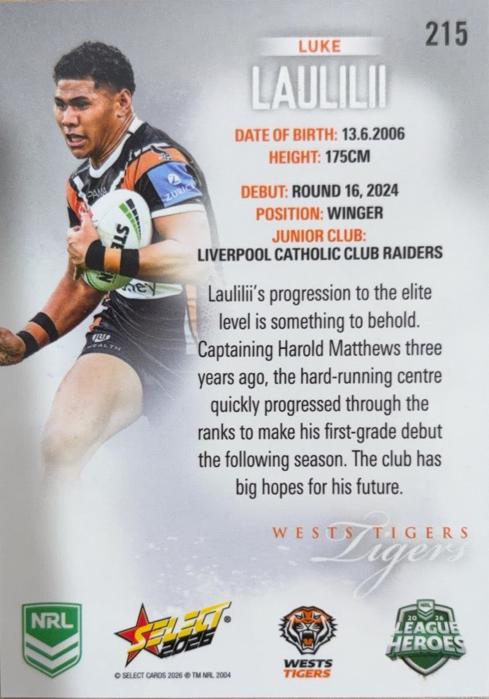 Luke Laulilii #215 Wests Tigers | 2026 Select NRL League Heroes Silver (back)