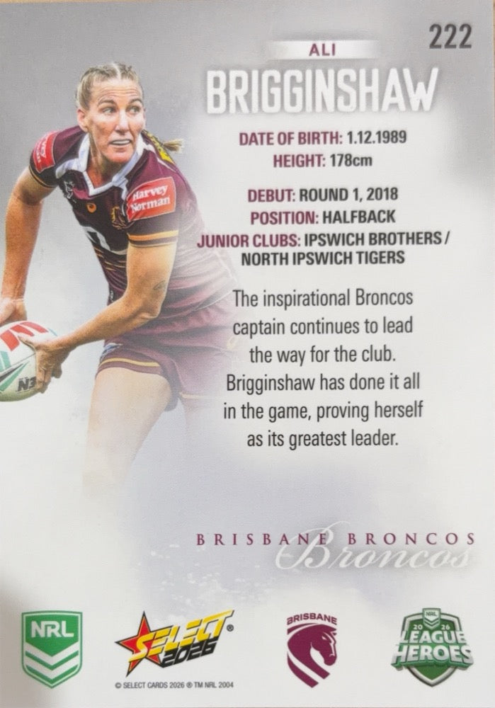 Ali Brigginshaw #222 Brisbane Broncos | 2026 Select NRL League Heroes Silver (back)