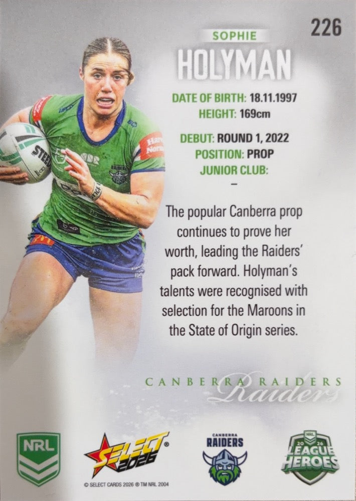 Sophie Holyman #226 Canberra Raiders | 2026 Select NRL League Heroes Silver (back)
