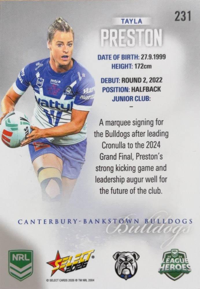 Tayla Preston #231 | 2026 Select NRL League Heroes Silver (back)