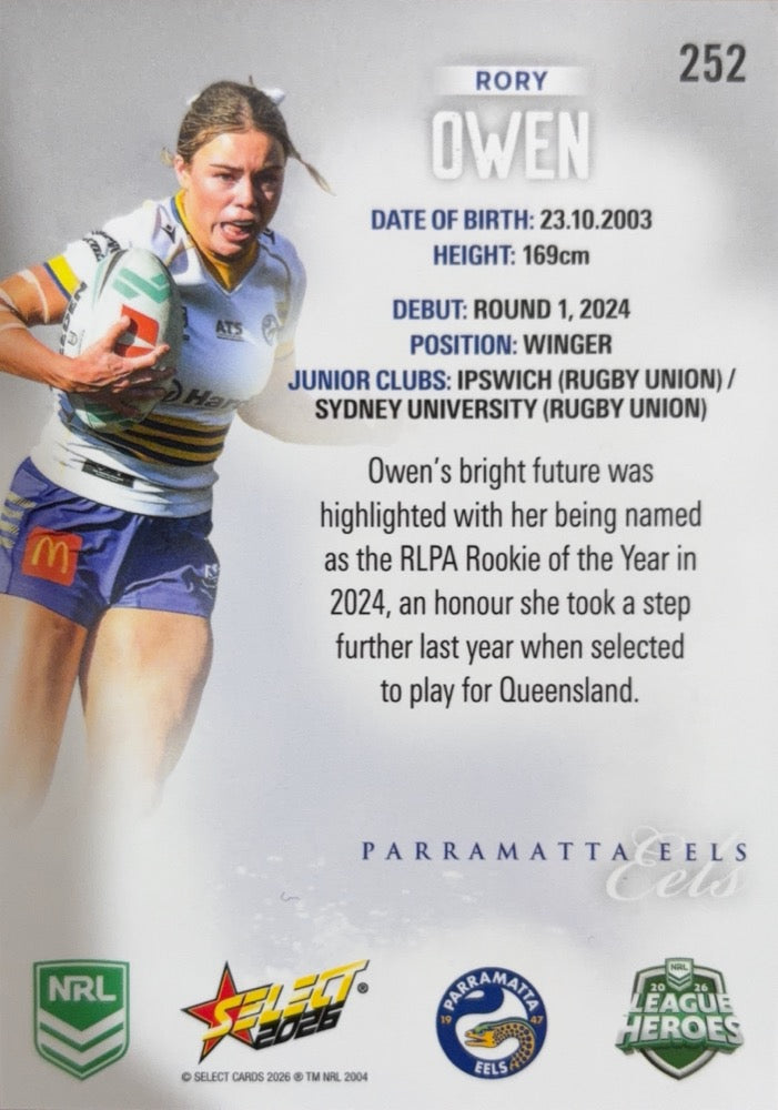 Rory Owen #252 Parramatta Eels | 2026 Select NRL League Heroes Silver (back)