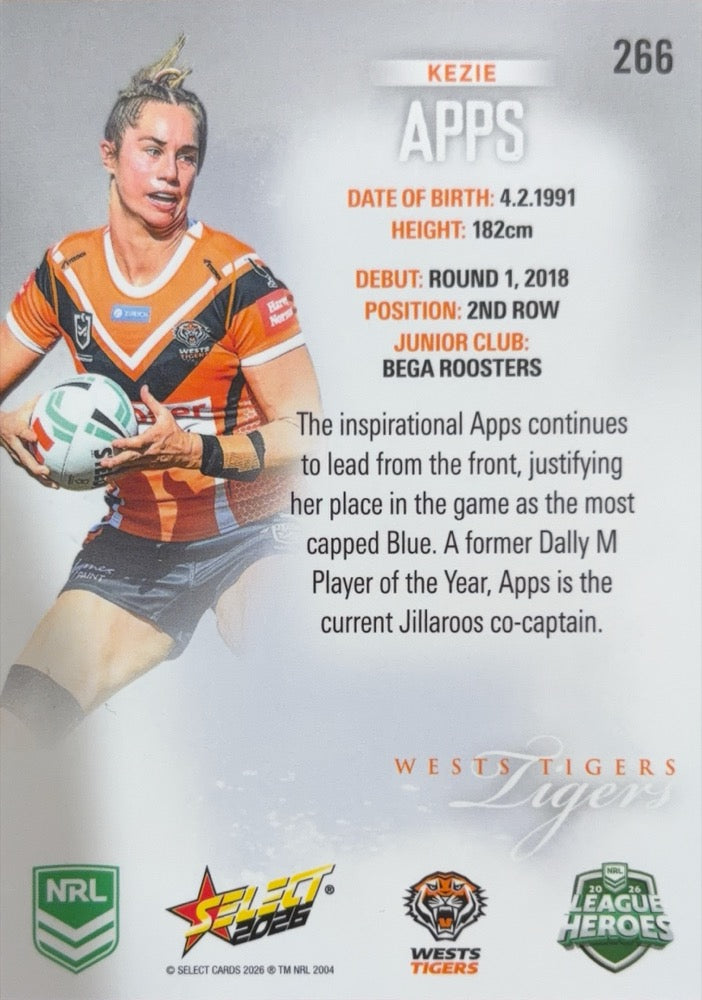 Kezie Apps #266 Wests Tigers | 2026 Select NRL League Heroes Silver (back)
