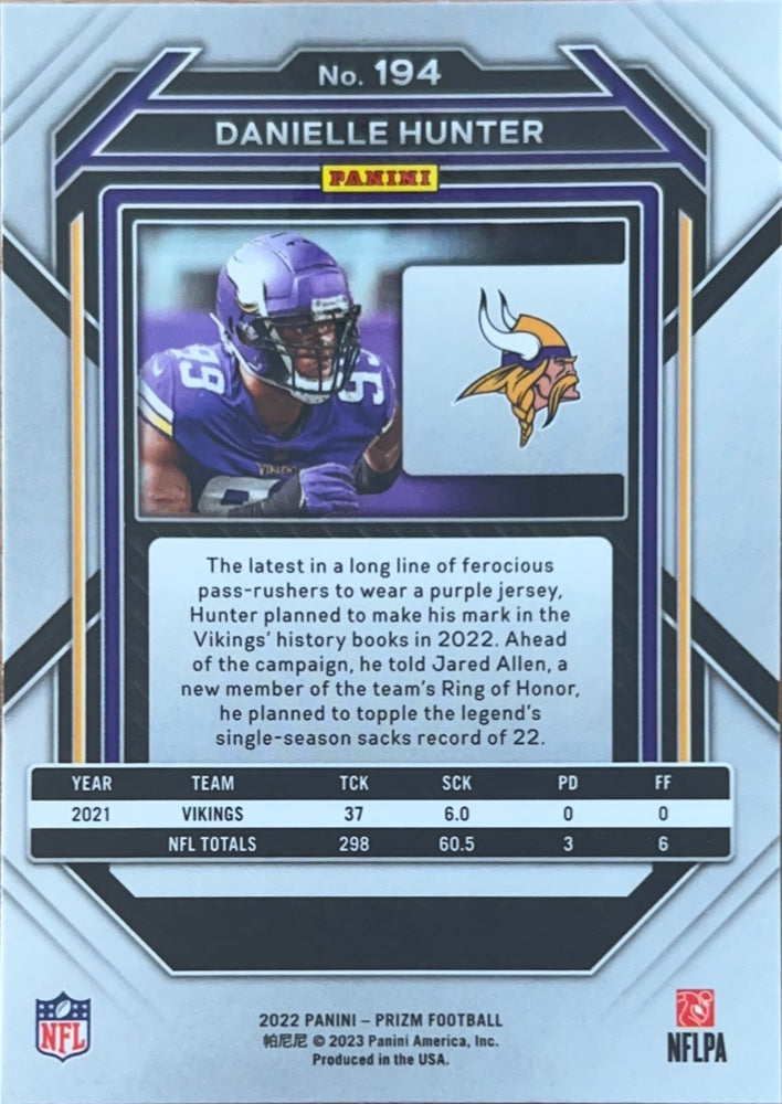 Danielle Hunter #194 Minnesota Vikings | 2022 Panini Prizm | NFL Football (back)