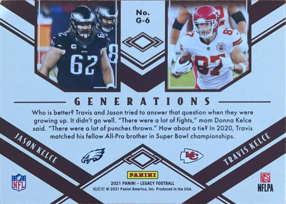 Jason Kelce / Travis Kelce #G-6 | 2021 Panini Legacy Generations (back)