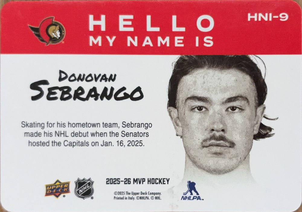 Donovan Sebrango #HNI-9 | 2025-26 Upper Deck MVP Hello, My Name Is (back)