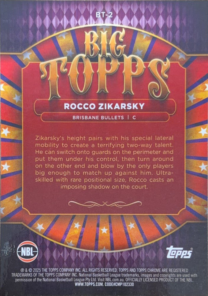 Rocco Zikarsky #BT-2 Brisbane Bullets | 2024-25 Topps Chrome NBL Big Topps (back)