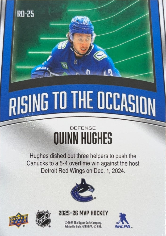 Quinn Hughes #RO-25 | 2025-26 Upper Deck MVP Rising to the Occasion (back)