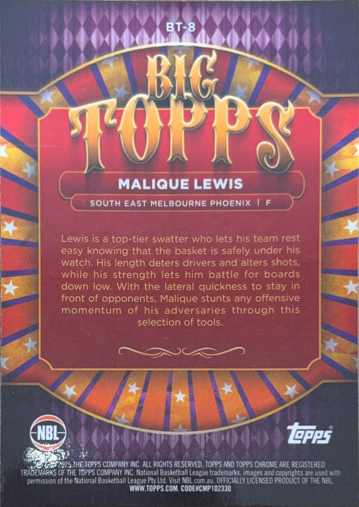 Malique Lewis #BT-8 S.E. Melbourne Phoenix | 2024-25 Topps Chrome NBL Big Topps (back)