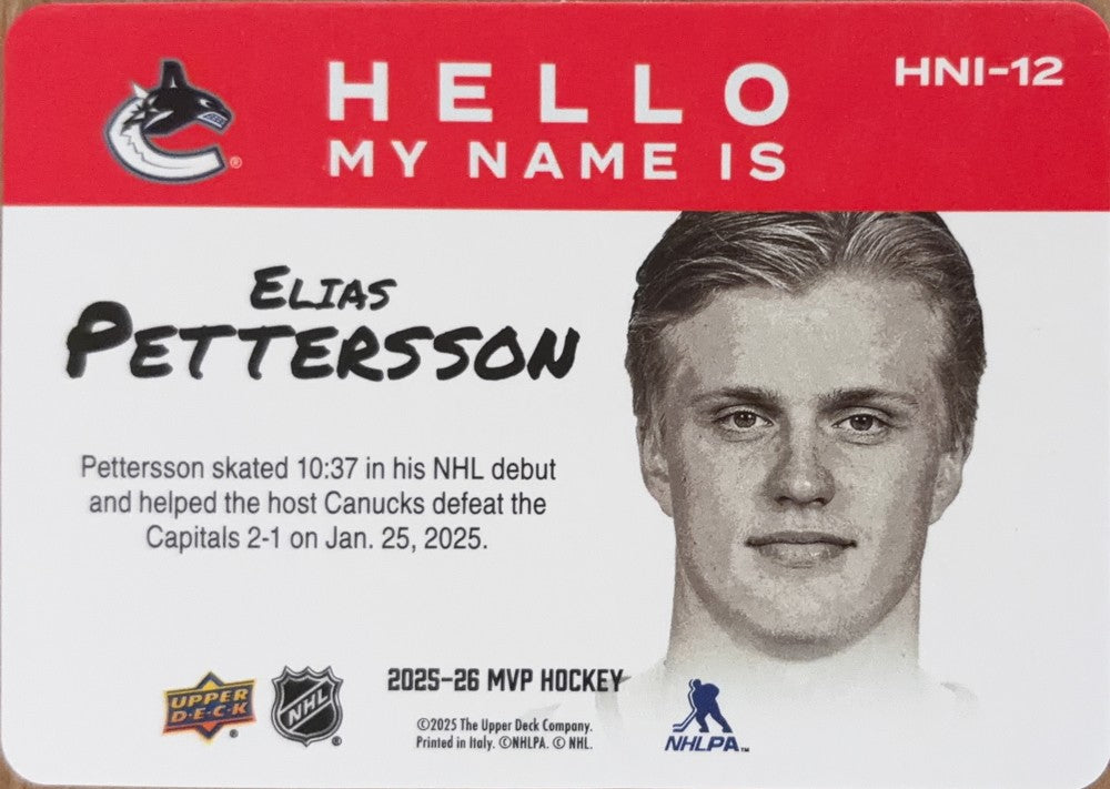 Elias Pettersson #HNI-12 | 2025-26 Upper Deck MVP Hello, My Name Is (back)