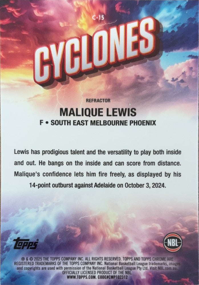 Malique Lewis #C-15 | 2024-25 Topps Chrome NBL Cyclones Refractor (back)