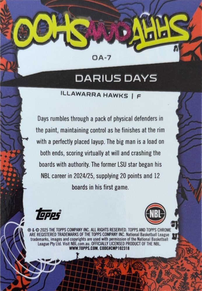 Darius Days #OA-7 Illawarra Hawks | 2024-25 Topps Chrome NBL Oohs And Ahhs (back)