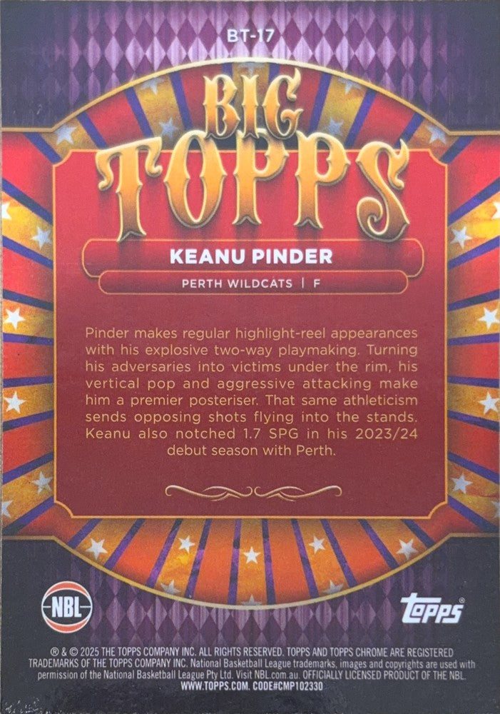 Keanu Pinder #BT-17 Perth Wildcats | 2024-25 Topps Chrome NBL Big Topps (back)