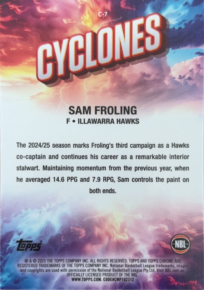Sam Froling #C-7 Illawarra Hawks | 2024-25 Topps Chrome NBL Cyclones (back)