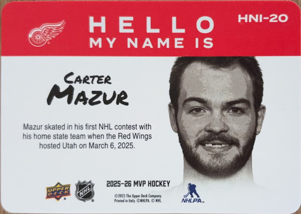 Carter Mazur #HNI-20 | 2025-26 Upper Deck MVP Hello, My Name Is (back)