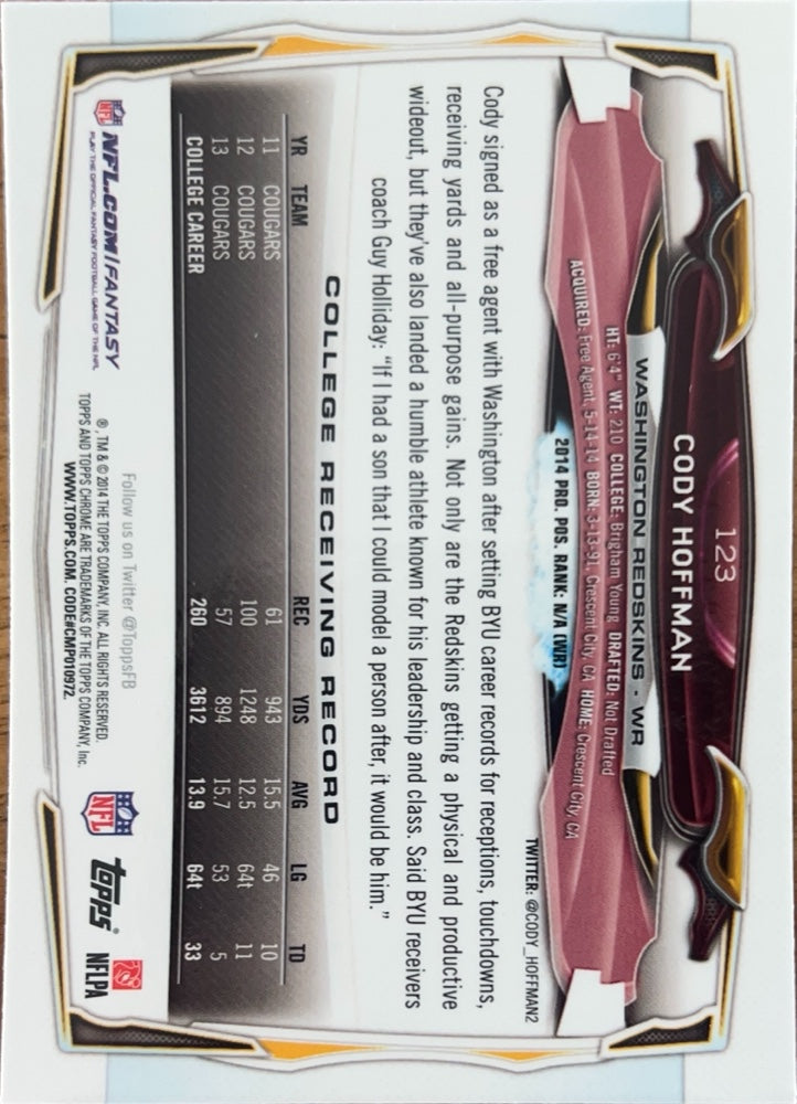Cody Hoffman #123 Washington Redskins Rookie | 2014 Topps Chrome | NFL Football (back)