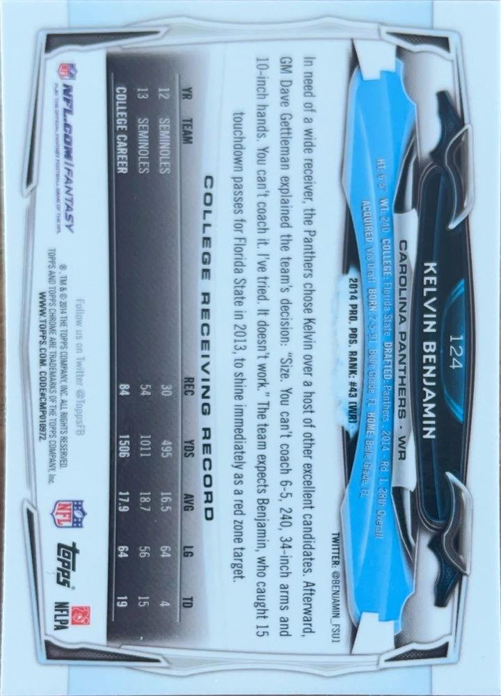 Kelvin Benjamin #124 Carolina Panthers Rookie | 2014 Topps Chrome | NFL Football (back)