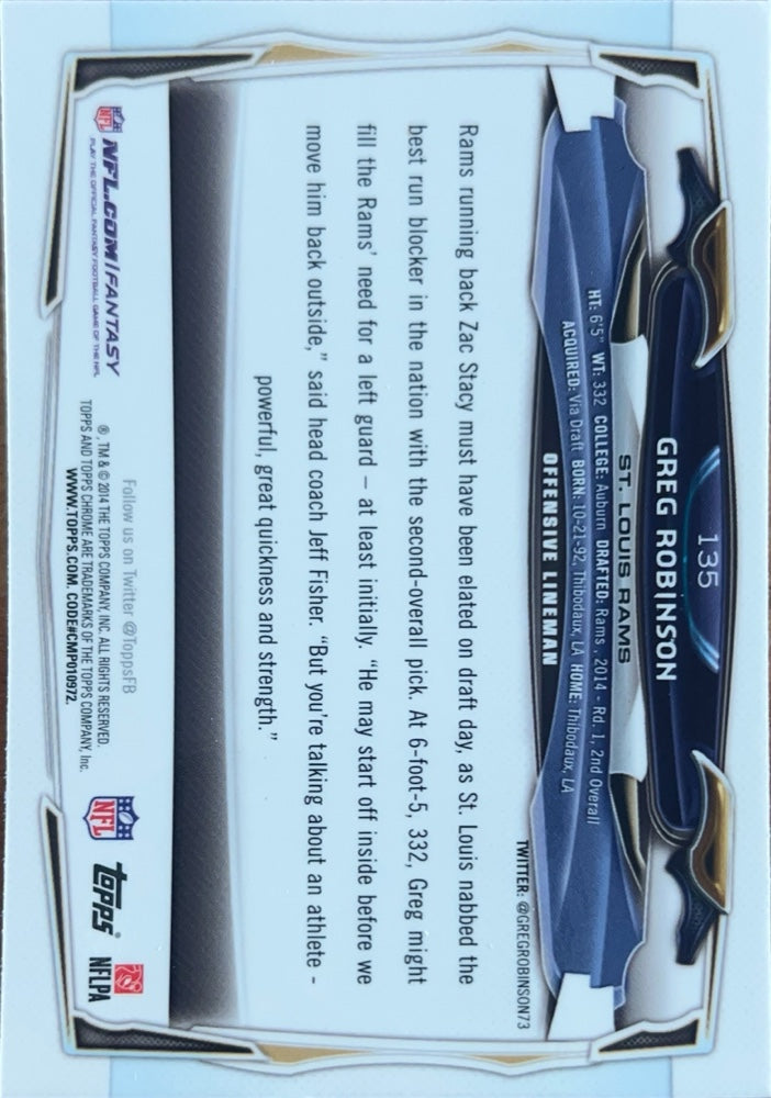 Greg Robinson #135 St. Louis Rams Rookie | 2014 Topps Chrome | NFL Football (back)