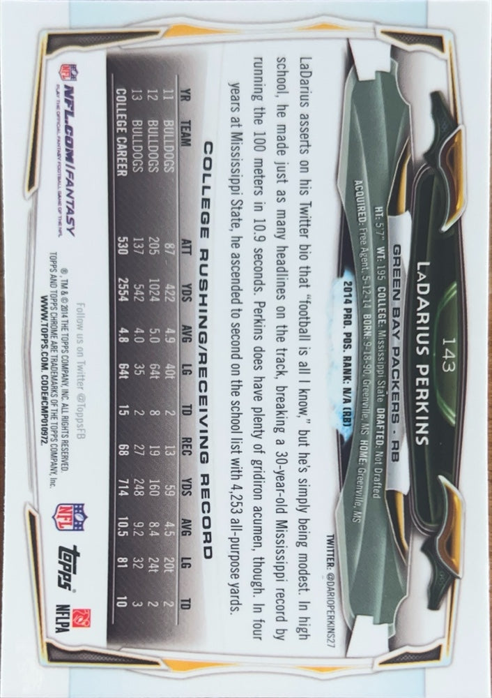 LaDarius Perkins #143 Rookie | 2014 Topps Chrome | NFL Football (back)
