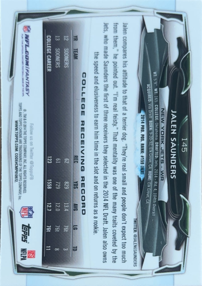 Jalen Saunders #145 New York Jets Rookie | 2014 Topps Chrome | NFL Football (back)