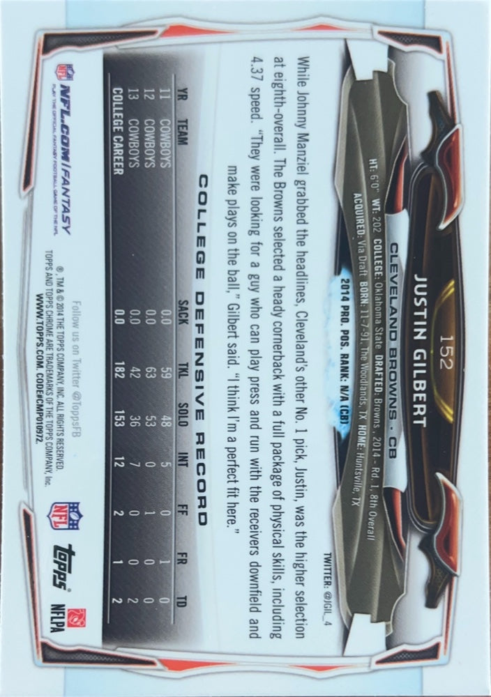 Justin Gilbert #152 Cleveland Browns Rookie | 2014 Topps Chrome | NFL Football (back)