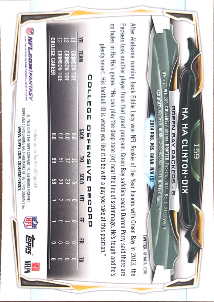 Ha Ha Clinton-Dix #159 Rookie | 2014 Topps Chrome | NFL Football (back)