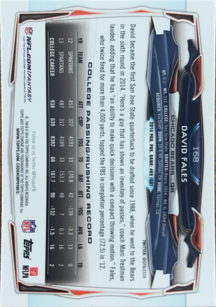 David Fales #168 Chicago Bears Rookie | 2014 Topps Chrome | NFL Football (back)