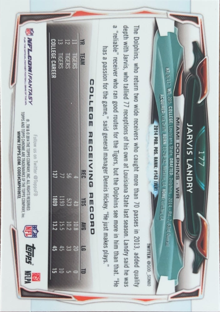Jarvis Landry #177 Miami Dolphins Rookie | 2014 Topps Chrome | NFL Football (back)
