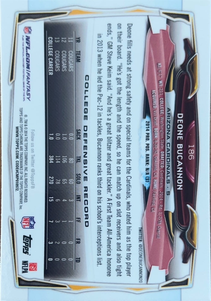 Deone Bucannon #186 Arizona Cardinals Rookie | 2014 Topps Chrome | NFL Football (back)