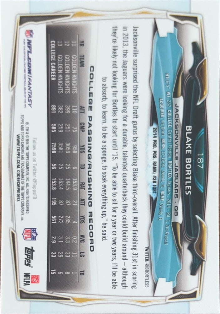 Blake Bortles #187 Rookie | 2014 Topps Chrome | NFL Football (back)