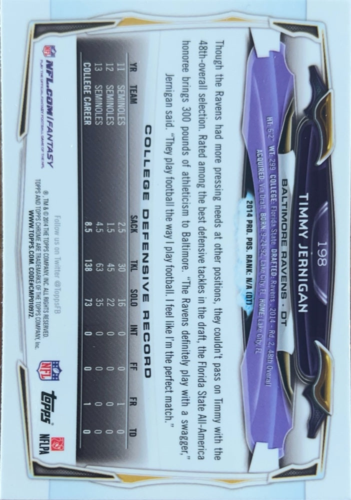 Timmy Jernigan #198 Baltimore Ravens Rookie | 2014 Topps Chrome | NFL Football (back)