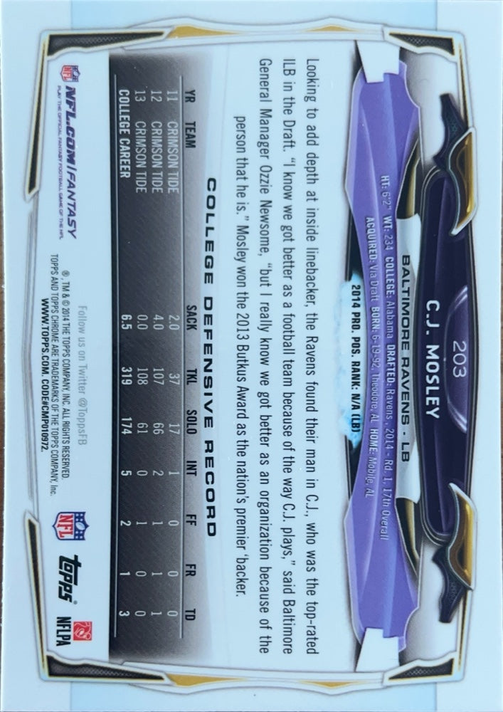C.J. Mosley #203 Baltimore Ravens Rookie | 2014 Topps Chrome | NFL Football (back)