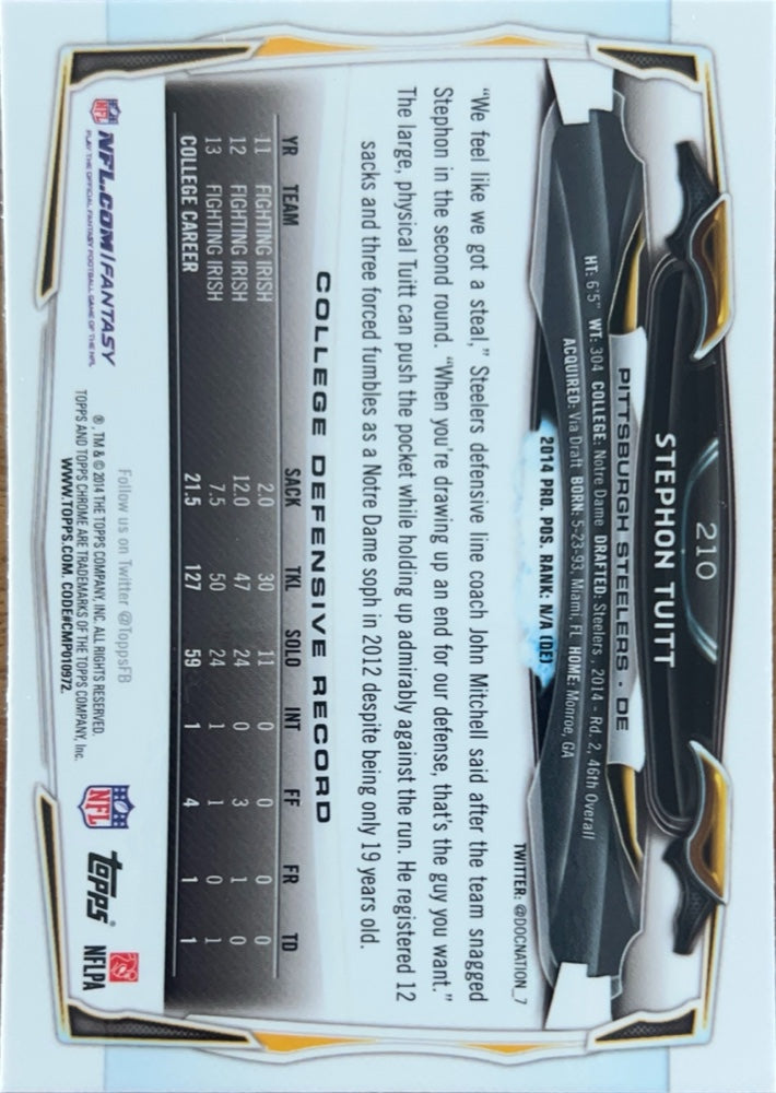 Stephon Tuitt #210 Pittsburgh Steelers Rookie | 2014 Topps Chrome | NFL Football (back)