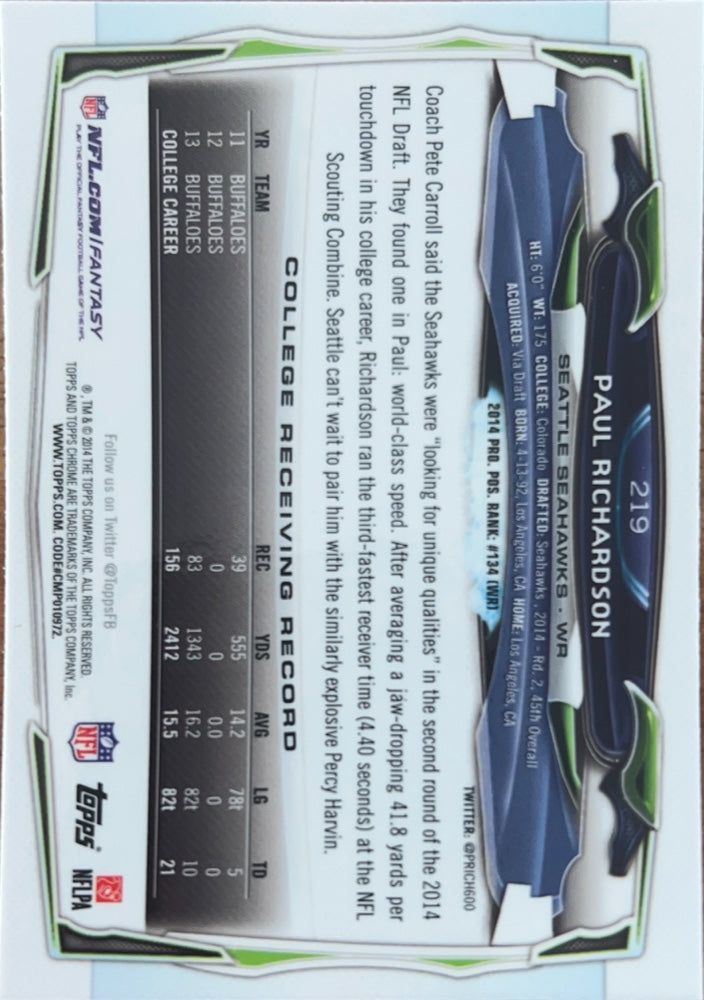Paul Richardson #219 Seattle Seahawks Rookie | 2014 Topps Chrome | NFL Football (back)